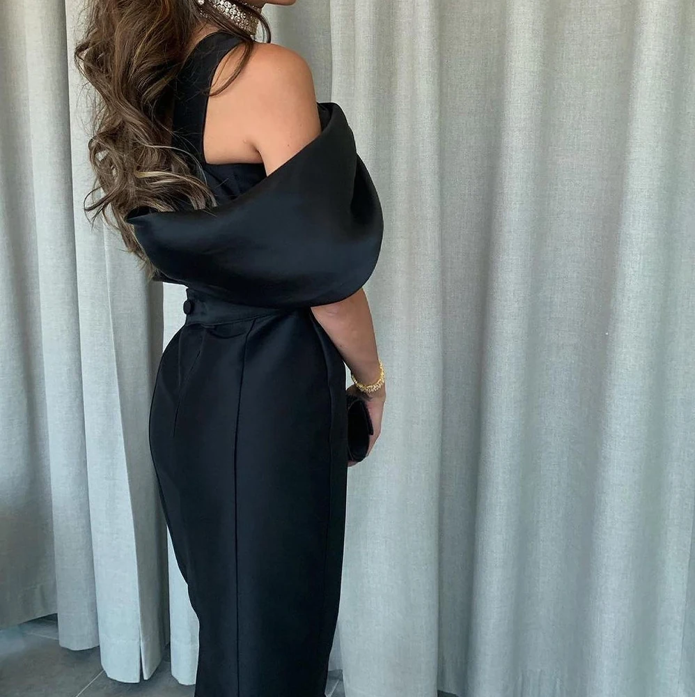 customizedExquisite Satin One Shoulder Sleeveless Mermaid Pleats Buttons Tea Length Evening Dress Party Dress Solid Color Custom