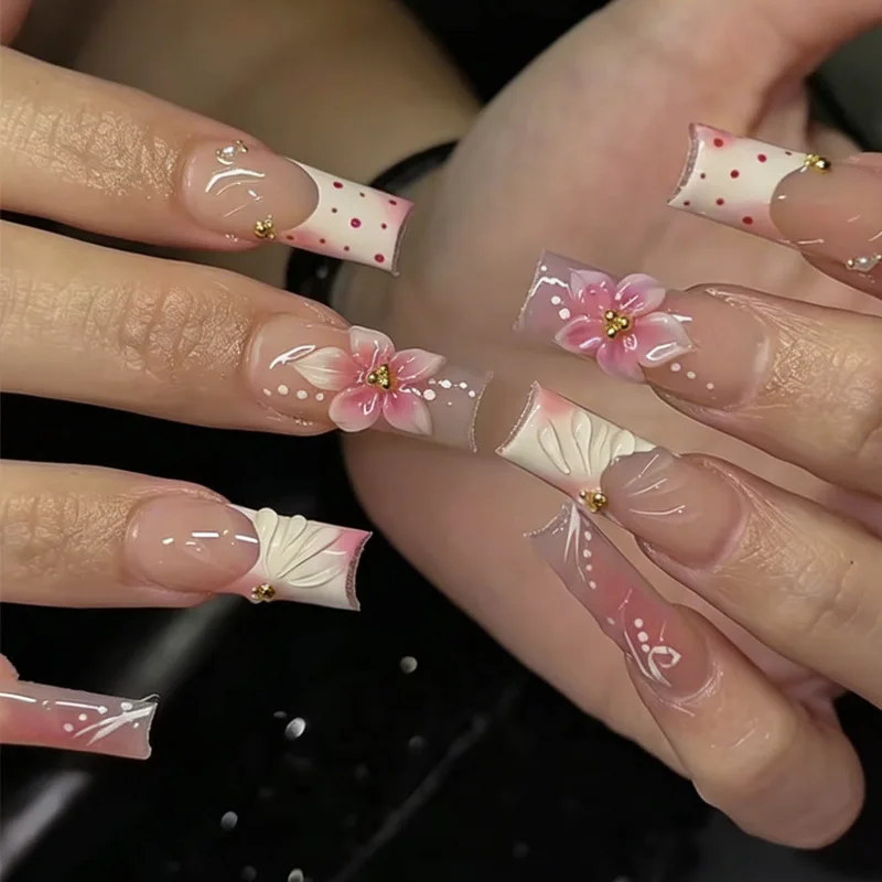 

24pcs Flower Nails Tips Gradient French Ballet Fake Nail Nude Color Square Coffin Press on Nails Set Polka Dot Design False Nail