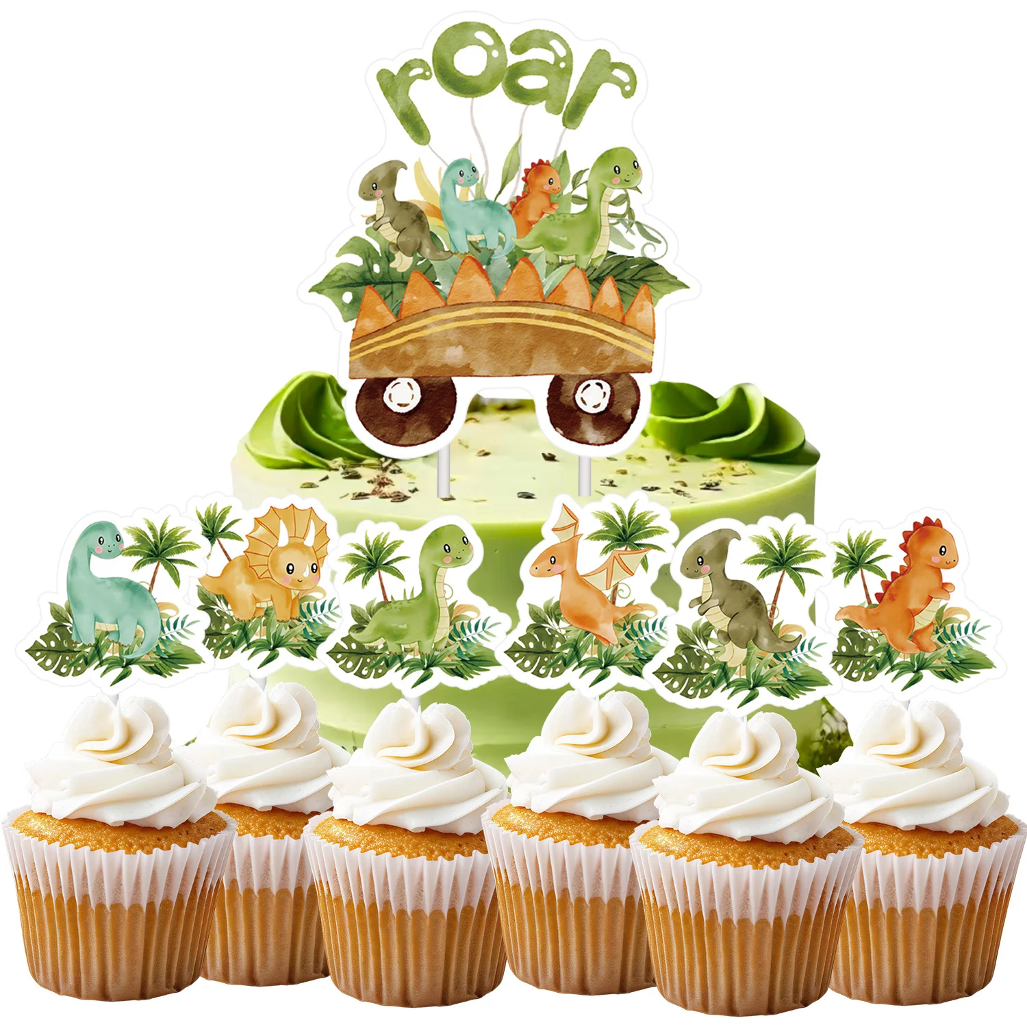 19 Stück/Set Cartoon-Dinosaurier-Cupcake-Topper, Aquarell-Dino-Topper für Happy-Birthday-Party, Kuchendekoration, DIY-Geschenke, Zubehör