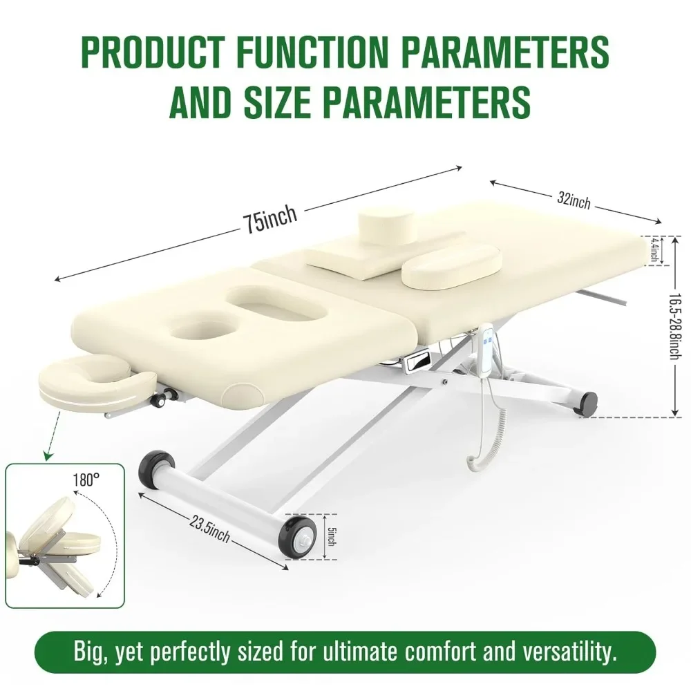 Electric massage bed with adjustable height via electric lift motor and manually adjustable backrest angle