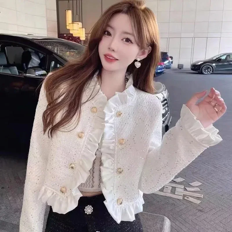 Cropped Jackets for Women Elegant Temperament Ruffles White Cardigan Woman Korean Fashion Long Sleeve Tweed Jacket Lady V827