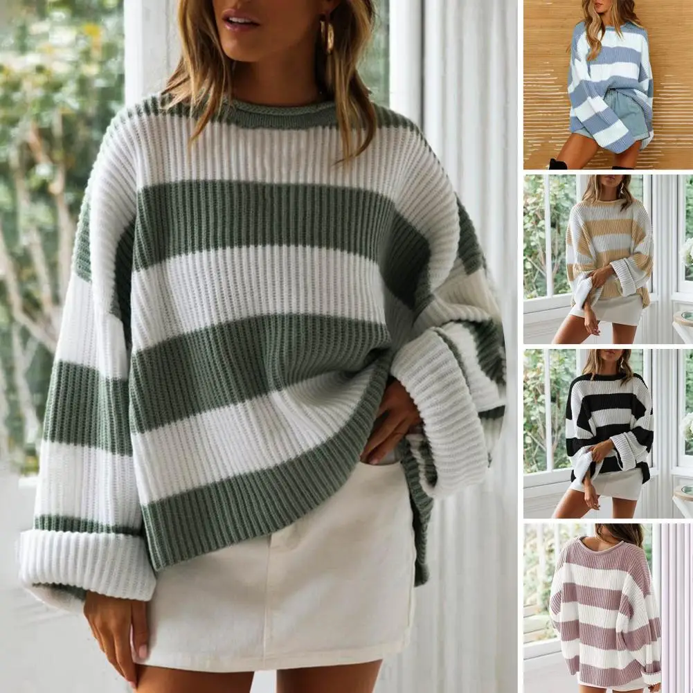 Color Matching Women Sweater Cozy Colorblock Knitted Women's Sweater for Fall Winter Thick Warm Pullover with Round Neck Long