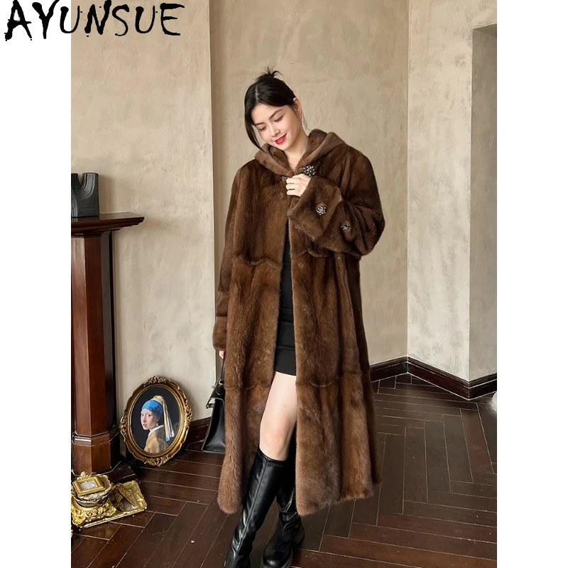 معطف فرو المنك من AYUNSUE ملابس نسائية طويلة معاطف شتوية للمرأة ملابس عصرية فاخرة عالية الجودة للمرأة Pelzmantel Damen
