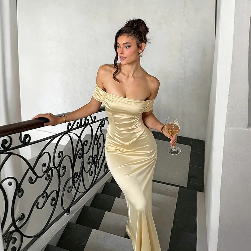 High Gloss Champagne Satin Bodycon Long Dress Luxury Panel Ruched Design Off Shoulder Back Tie Formal Party Prom Robes For Women