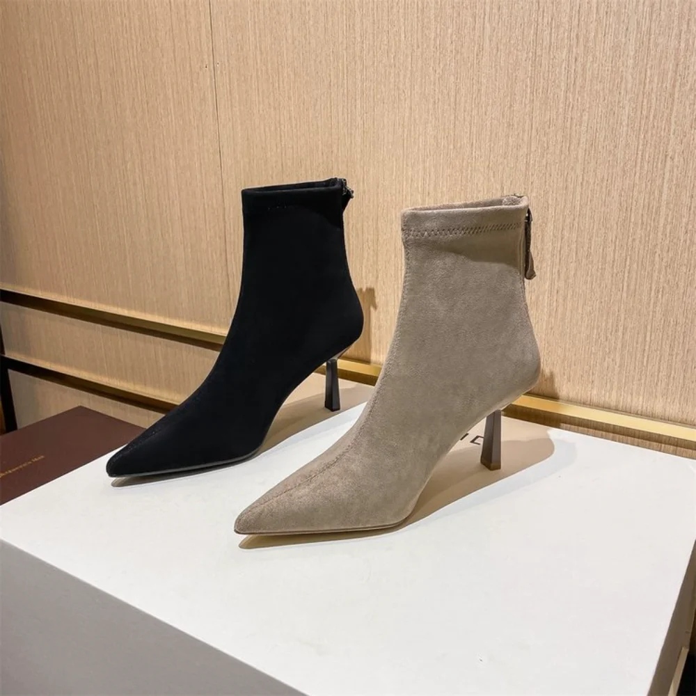 Women's Beige Suede Stiletto Ankle Boots, Elastic Pointed Toe Booties, Comfortable Footwear for Office Party Wear image 2