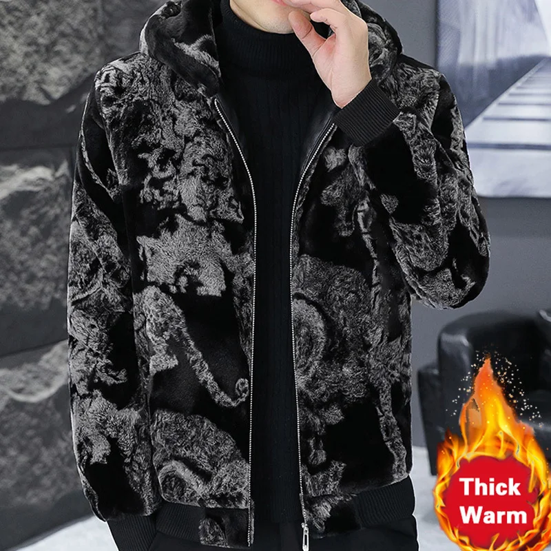 Top Quality Print Men Coat Herren Jaqueta Motoqueiro Winter Jacke Men's Faux Leather Jacket Men Imitation Fur Trend Veste Homme