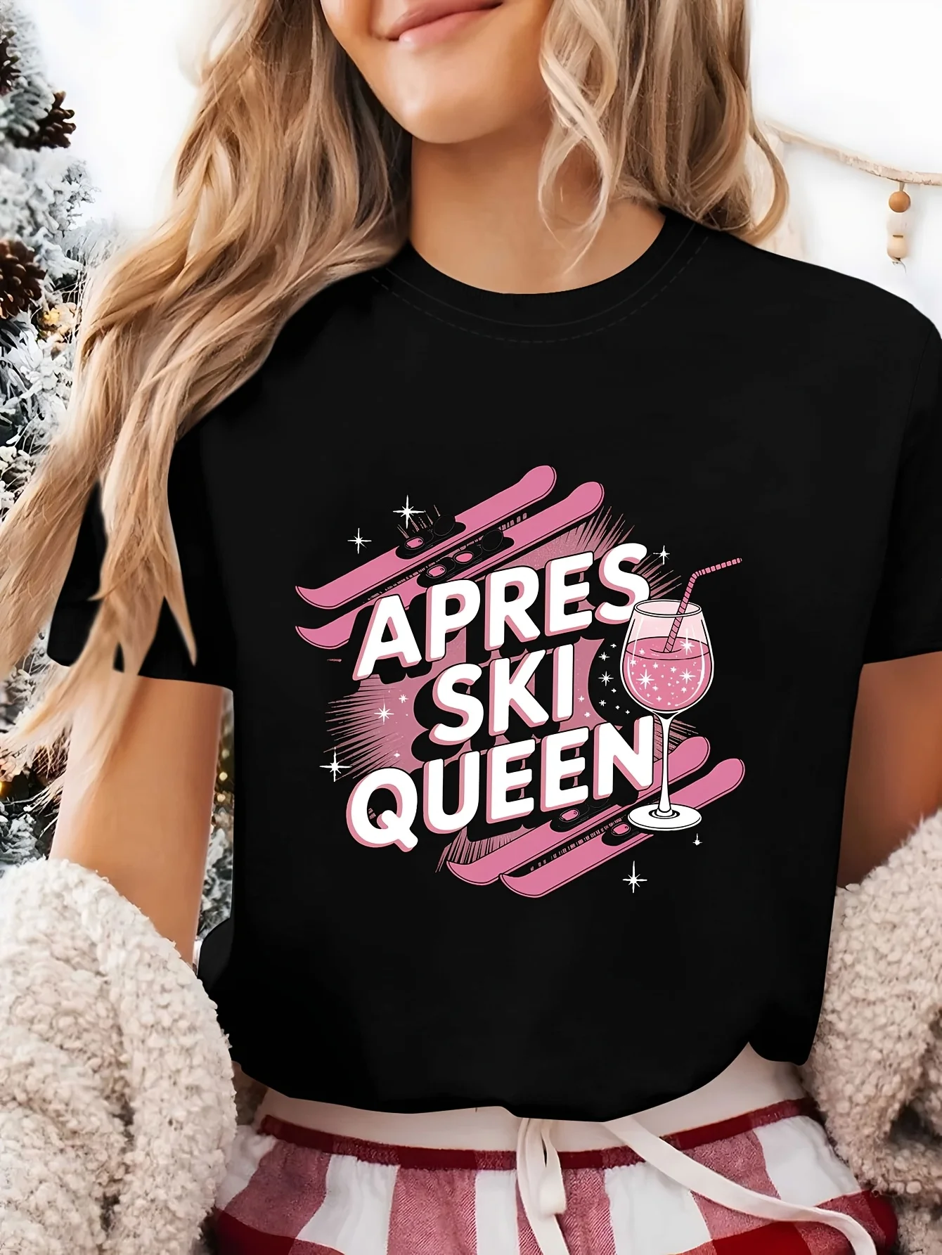 Queen of Ski Leisure Pink Skiing Drink Element Text Printed Women's Round Neck Spring/Summer T-shirt Short Sleeve