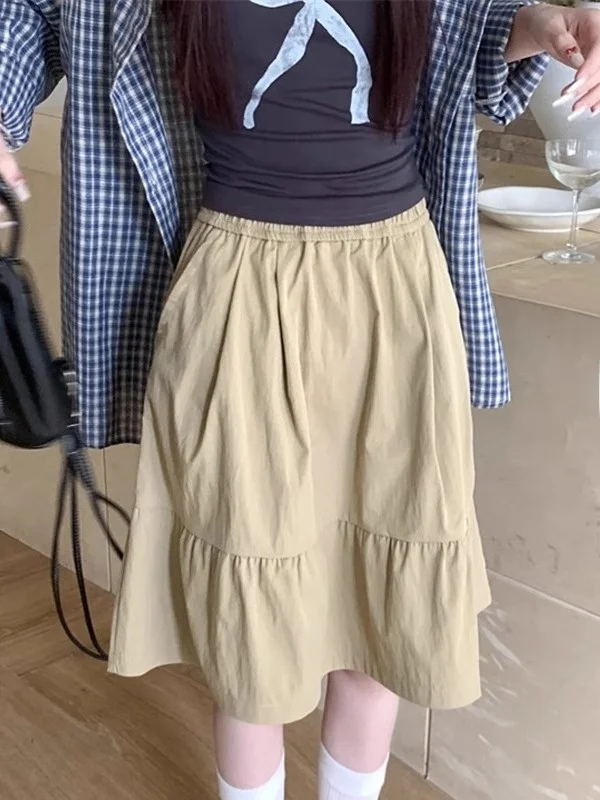 Kaki A-lijn rok Pure kleur ket Design College Sle Lente nieuwe collectie Casual studentenvriendelijke rok met hoge taille