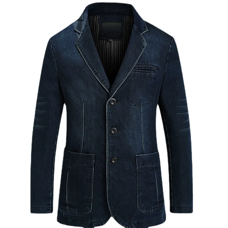 Blazers Jacket Men Casual Denim Slim Pocket Splicing Coat Men\'s Long Sleeve Single-Breasted Turn-down Collar Blazers Jacket