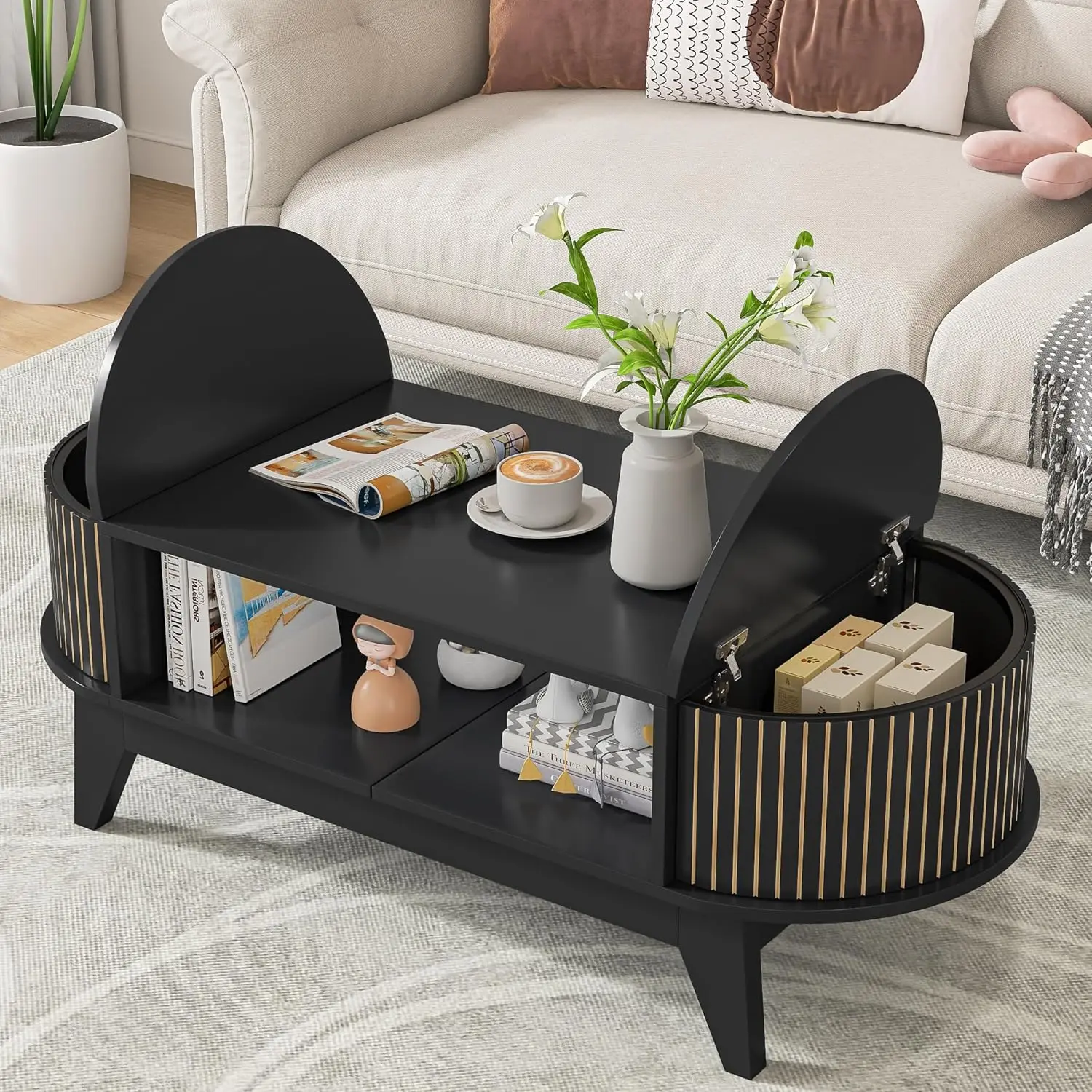 Coffee Table with 2 Hidden StorageMid Century Modern Coffee Table with Fluted FinishWood Center Table Oval Coffee Table with Fli