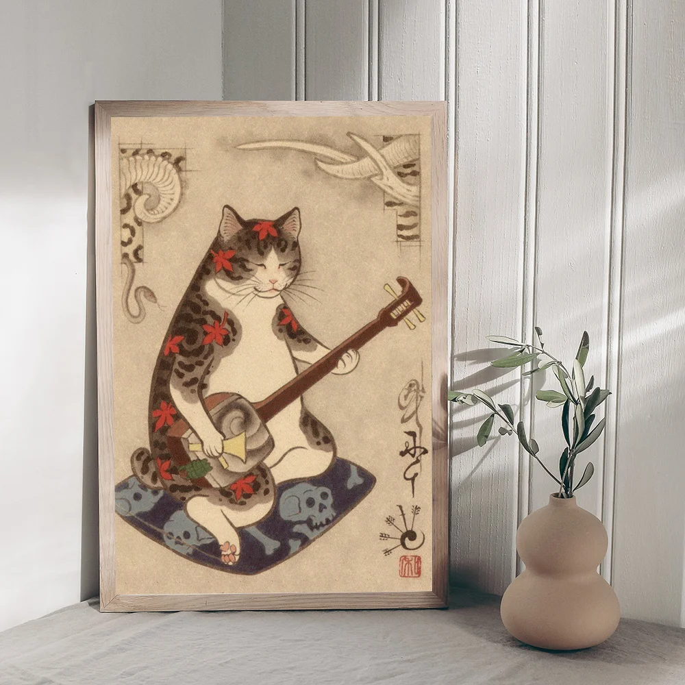Japanese Samurai Cat Classic Vintage Posters Decoracion Painting Wall Art White Kraft Paper Kawaii Room Decor
