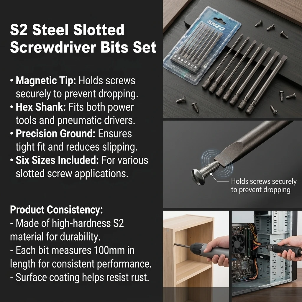 Magnetic Slotted Screwdriver Bits Set Professional for Automotive Repair S2 Steel Hex Shank Impact Rated Power Tool Accs