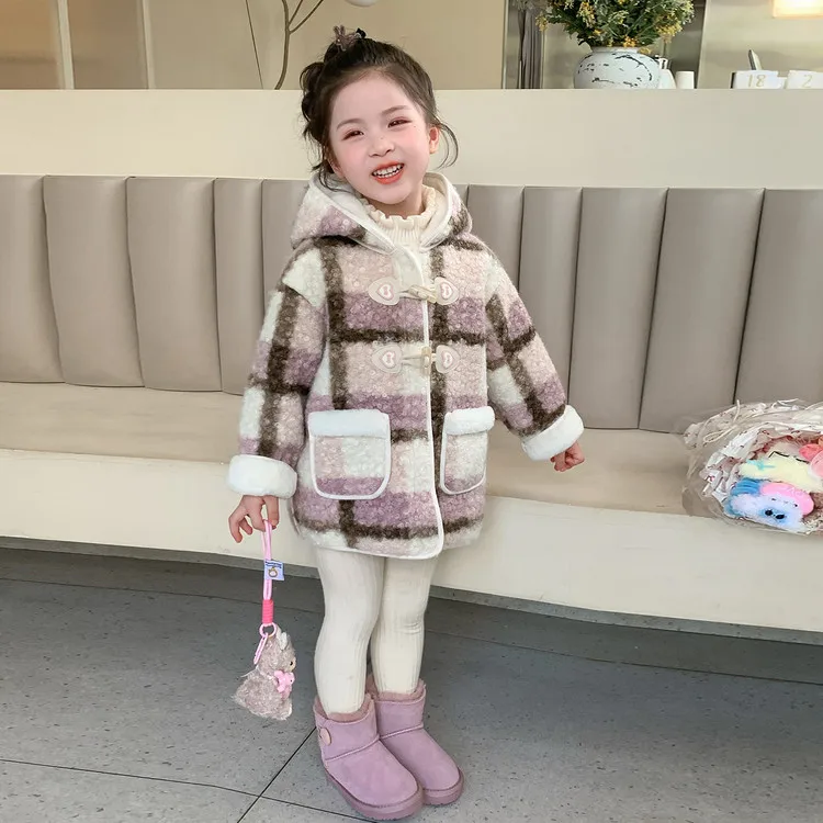 

2025 Winter Thickened Fleece Jacket, Hooded with Cute Warm & Stylish Kids' Outerwear, 2- 9 Years Girls' Warm Plaid Fleece Coat