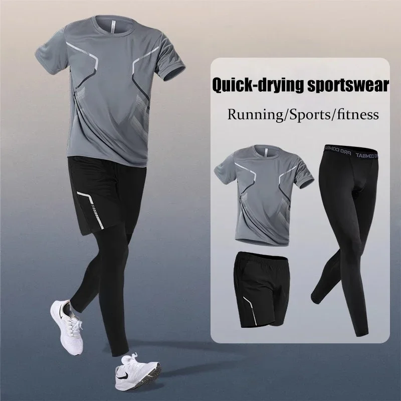 

3PCS,Men's sportswear, quick-drying clothes, fitness clothes, basketball and badminton suits, training and running sets