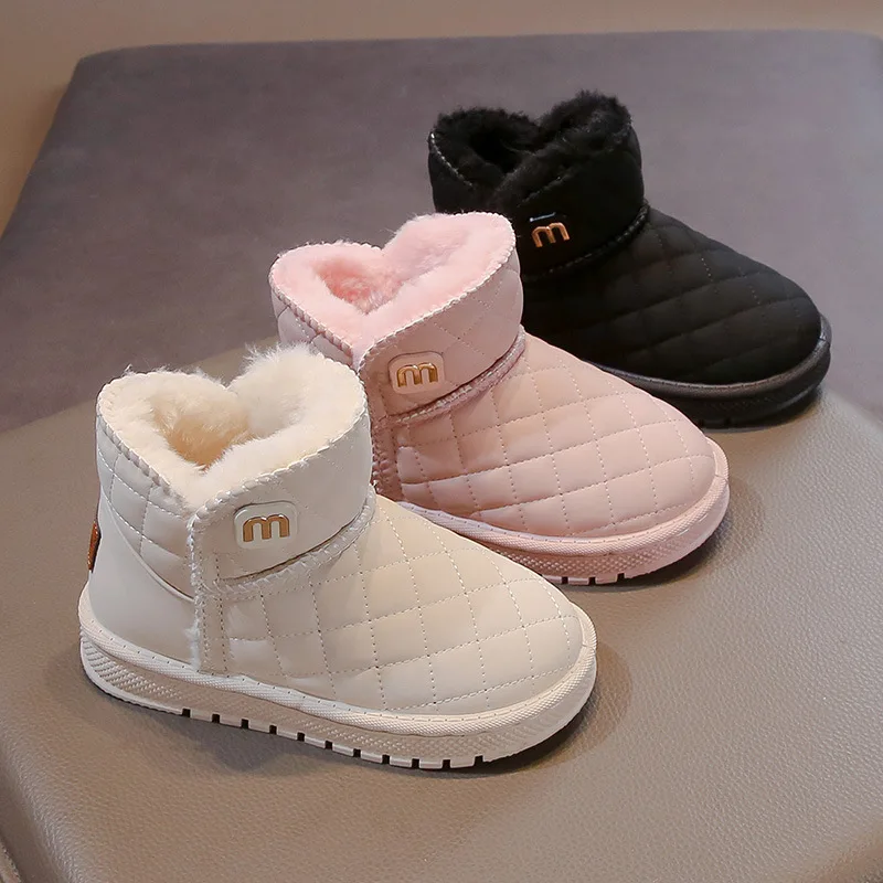 Checkered Faux Fur Shoes 2025 New Child Boys Black Beige Pink School Boots for Girls Cozy Fluffy Warm Baby Snow Boots Velvet