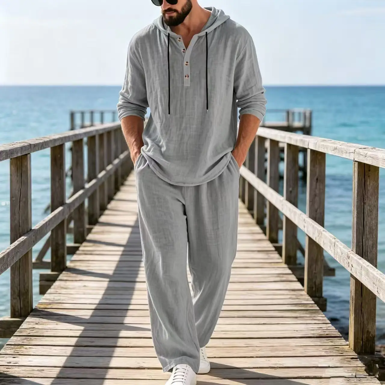 2026 Cross-border Spring and Autumn Linen Men's Casual Suit Amazon Loose Hooded Henry Shirt Long Sleeve Pants Suit - view 5