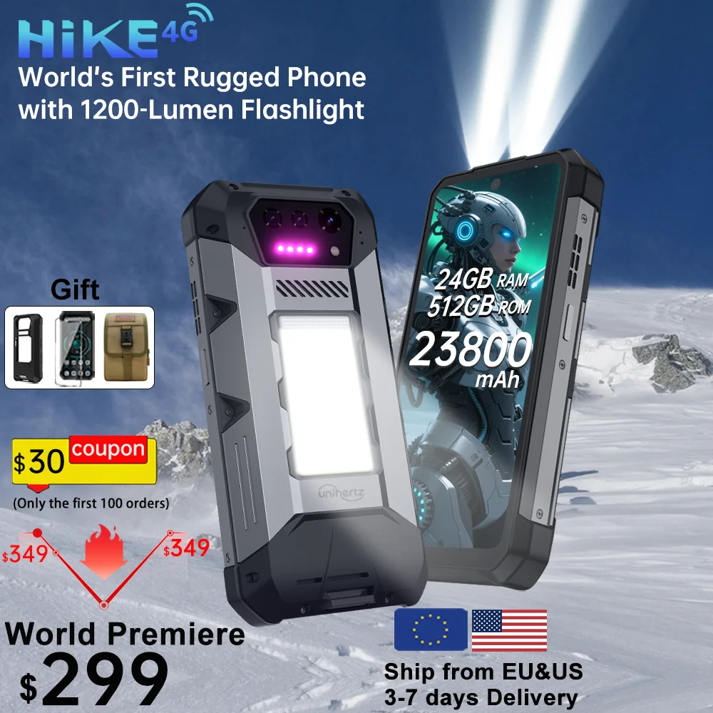 Unihertz Hike 8849 Rugged Smartphone Android 14 with 1200 Lumen 200 Meter Flashlight 23800mAh 12GB+512GB G200 CPU Dual Speaker