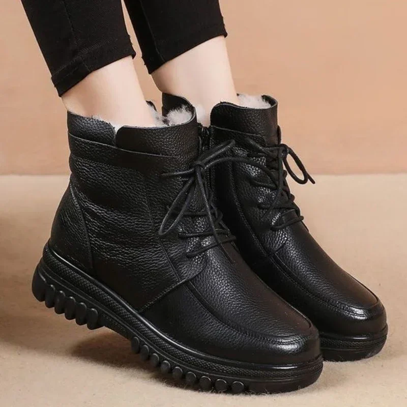 Ladies Shoes 2023 High Quality Lace Up Zipper Women's Boots Winter Round Toe Solid Short Barrel Platform Water Proof Naked Boots