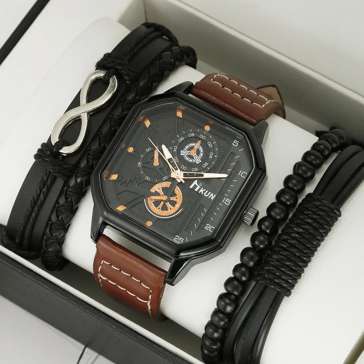 Men Quartz Watches Bracelet Set Leather Strap Alloy Dial Student Square Sports Watch Cool Black Wristwatch Reloj Hombre (No Box)