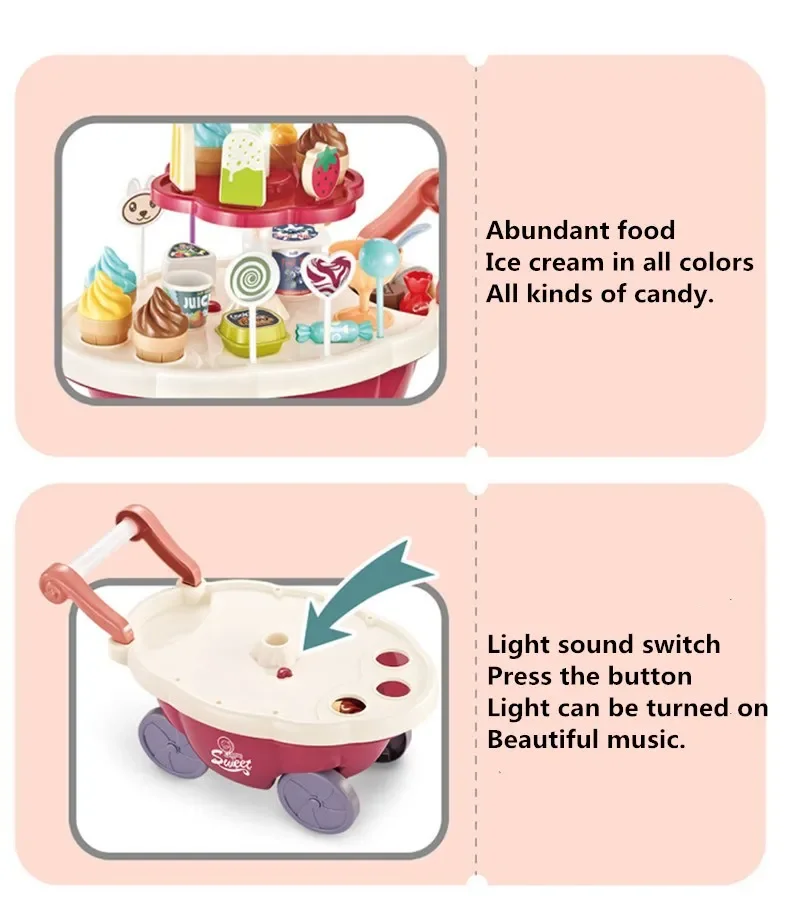 Ice Cream Montessori Toddler Toys Kitchen Toys Pretend Play Food Ice Cream Cart with Storage Trolley Toy Set for Children Gifts