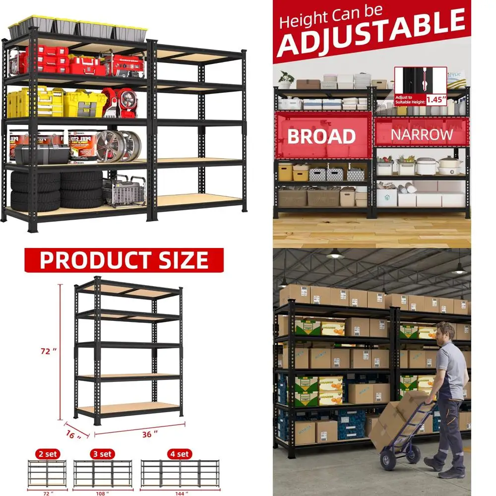 5 Tier Heavy Duty Adjustable Metal Storage Shelves for Garage Utility Rack, 36x16x72 Inch, Space-Saving Shelving System