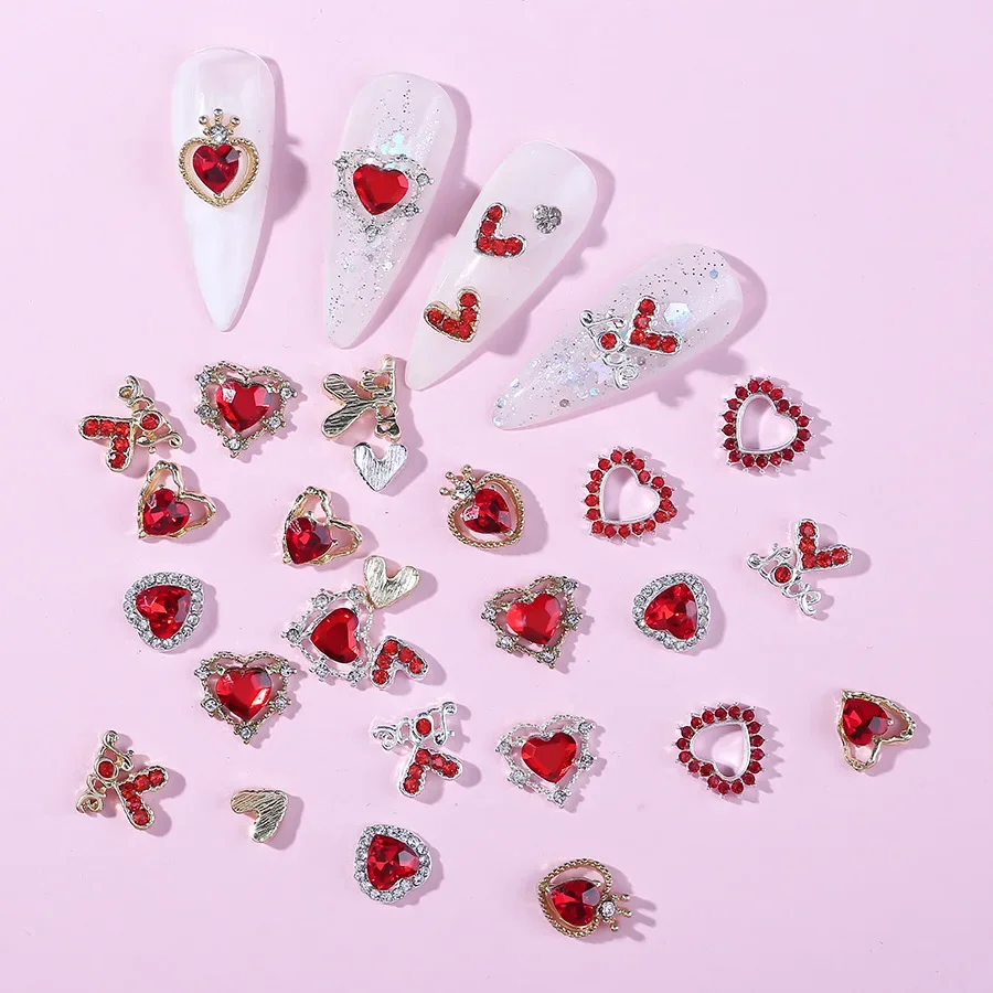 

Hollow Heart Charms For Nails Red Love Rhinestones Nail Figures Manicure Parts Decorative Valentine's Day Love Jewelry Gift Girl