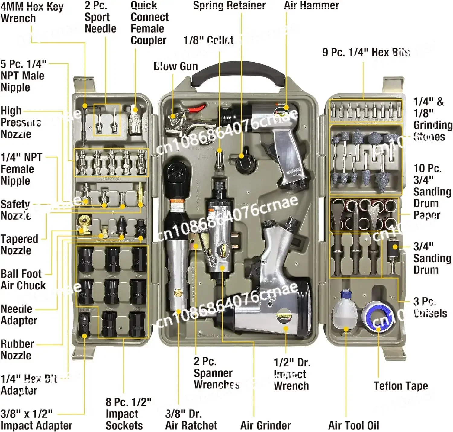 Air Tool and Accessories Kit, 71 Piece, Impact Wrench,  Ratchet, Die Grinder, E Hammer