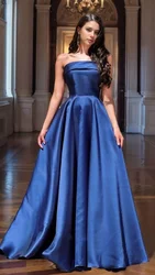 Navy Blue Evening Dresses Satin Strapless A Line Long Formal Party Prom Gowns Special Occasion Evening Dresses Women 2024 Long