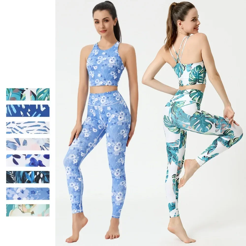 Women's High-waisted Workout Suit Printed Yoga Suit Floral Vest High-waisted Fitness Tights Hip Lift Training Running Pants