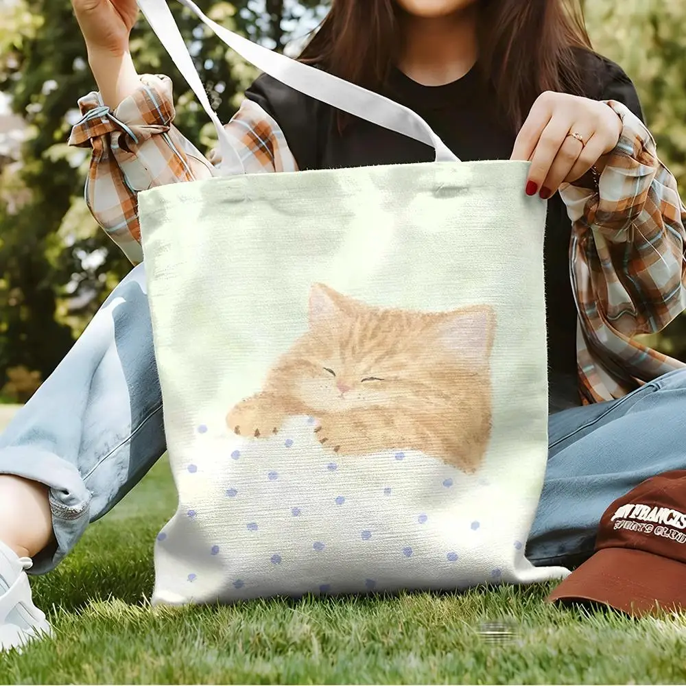 Cat Dog Couple Sleeping Storage Bags Canvas Double-Sided Print Fashion Shoulder Tote Shopping Bag Gift Eco Handbags