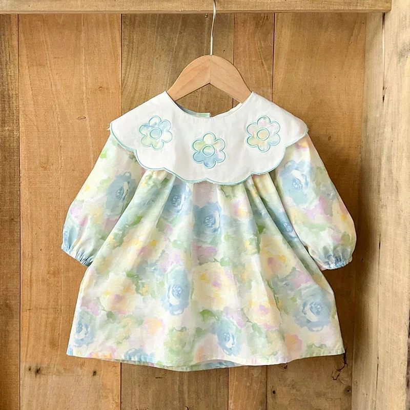 2026 New Spring Kids Princess Dresses Long Sleeved Cotton Print Splice 1-5Yrs Girl Party Dress Sister Dress Children Clothes
