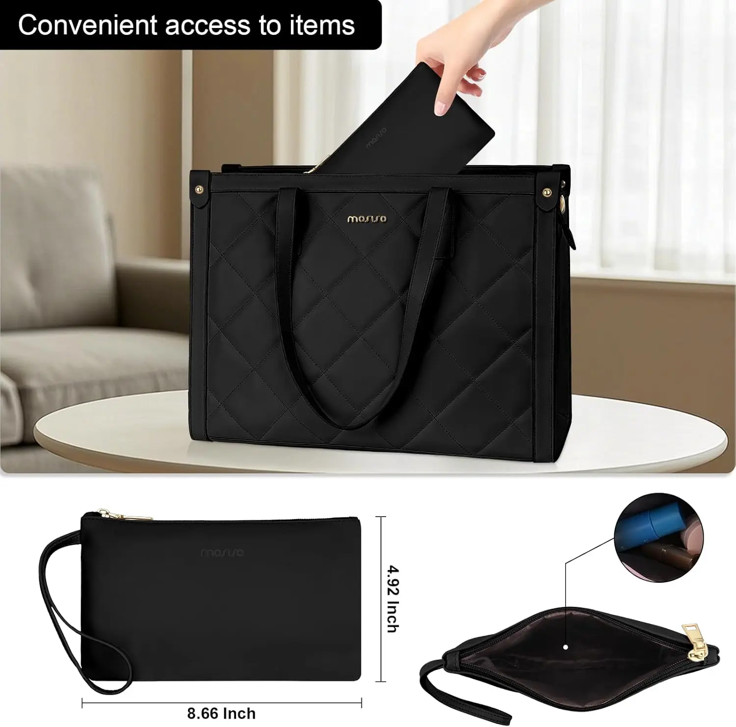 MOSISO Laptop Tote Bag for Women 15.6 inch PU Leather Large Capacity Teacher Computer Briefcase for Business Office Black Pink