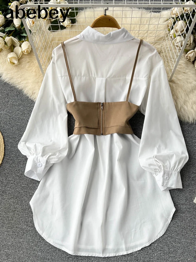 2022 Iregular  Autumn Two Pieces Suits Senior Shirt Short Dress+MIni Camis Suits 2022 Women Spliced Autumn Sets