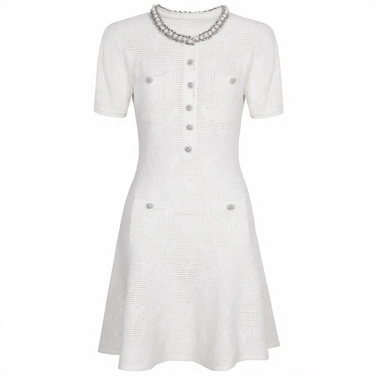 Robe d'été perlée de haute qualité, nouvelle mode et élégante pour les déplacements, tricotée, Slim, col rond, manches courtes, pour femmes