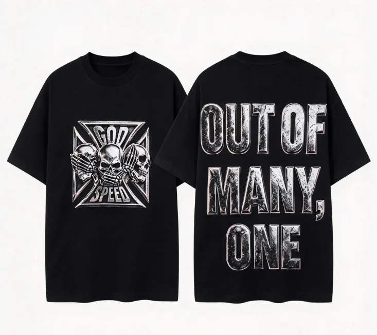 2026 new Short sleeve tee with vintage skull emblem and slogan prints on front and back, American hardcore street style unisex