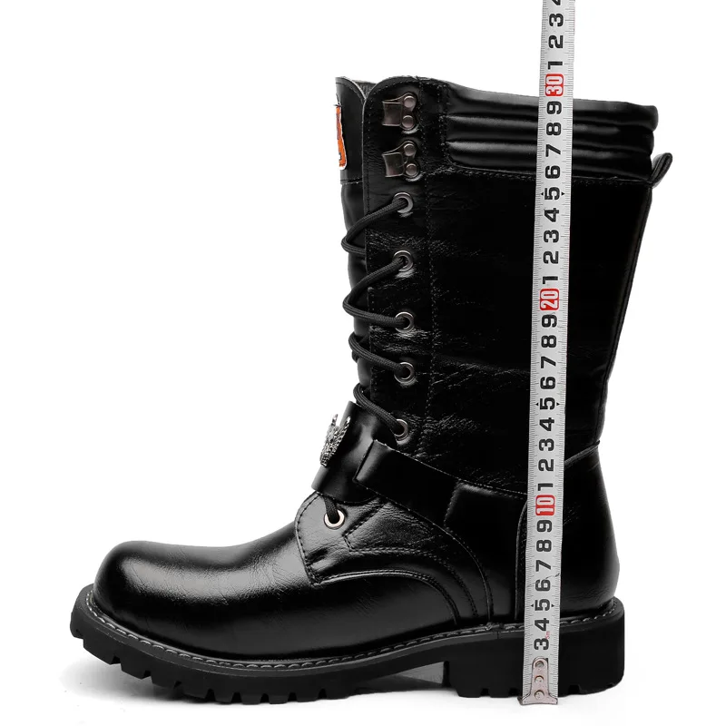 Men Fashion Motorcycle Boots Mid-calf Military Combat Boots Gothic Belt Punk Boots Men Sneakers Shoes Hightop Casual Boots