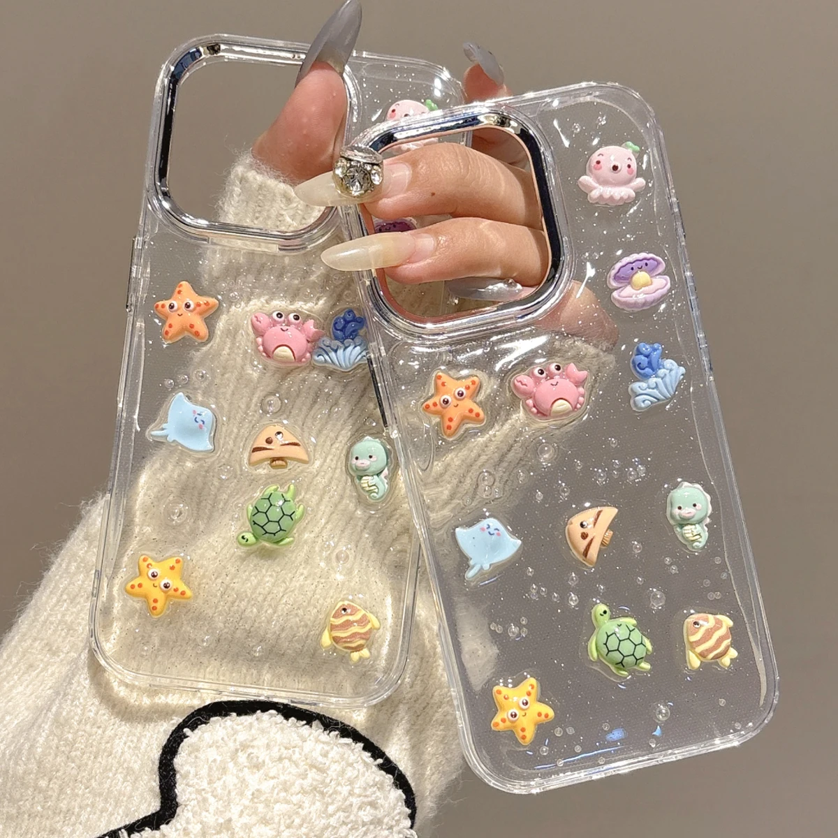 ثلاثية الأبعاد شفافة بلينغ بريق البحر البحرية الحيوان جراب هاتف آيفون 17 16 14 13 12 11 15 برو ماكس قطرة الغراء غطاء مقاوم للصدمات