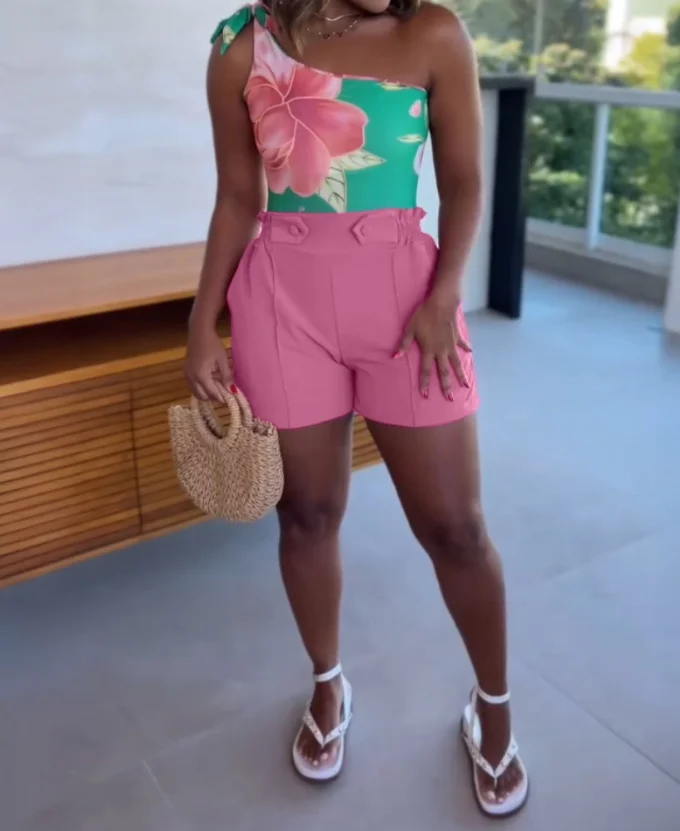 بذلة امرأة زهرة طباعة غير متناظرة مائل طوق أكمام مرونة الخصر جيب بذلة المرأة الحضرية سليم صالح بذلة