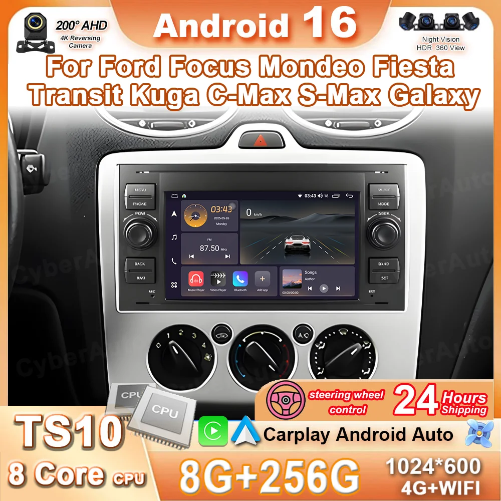 Car Radio Android 16 For Ford Focus Mondeo Fiesta Transit Kuga C-Max S-Max Galaxy GPS Multimedia No 2 Din Autoradio Carplay DVD