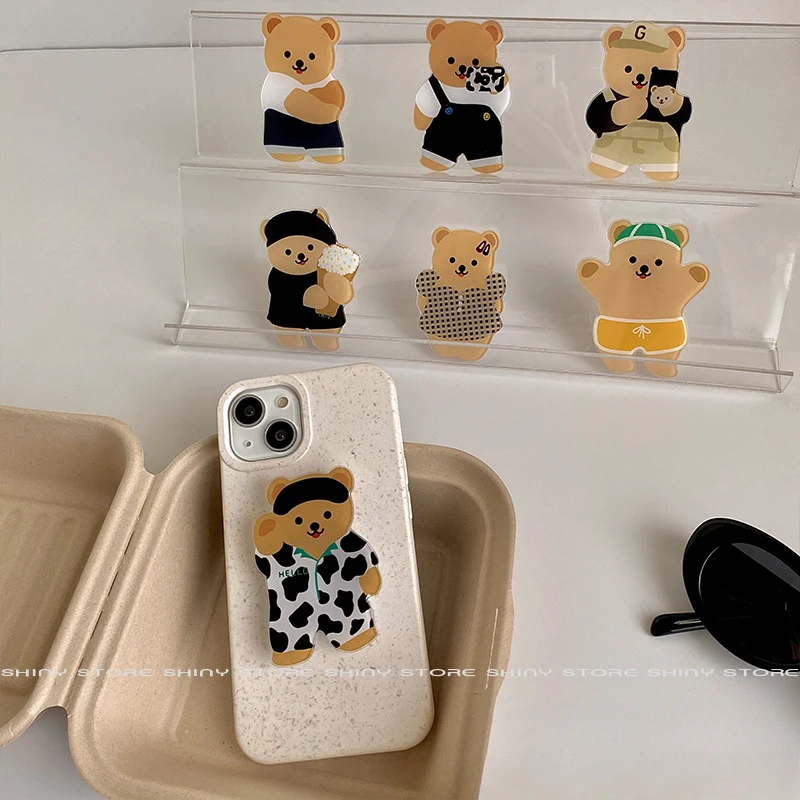 

Забавный держатель для кольца на палец с маленьким бурым медведем, складная подставка для телефона, мобильного телефона, карман для тока, для IPhone 16, 15, 14