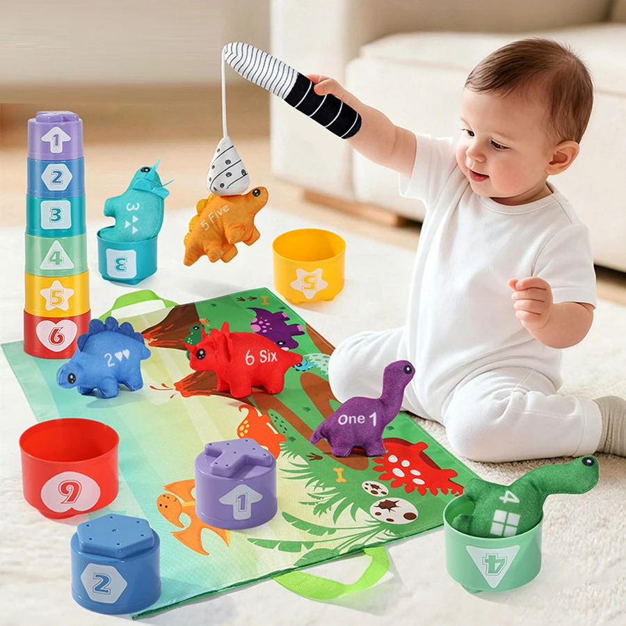 Giocattoli Montessori Gioco di pesca in stoffa per i più piccoli da 6 a 12 mesi Giocattolo sensoriale Tazze impilabili Conteggio dei numeri Ordinamento dei colori Regalo