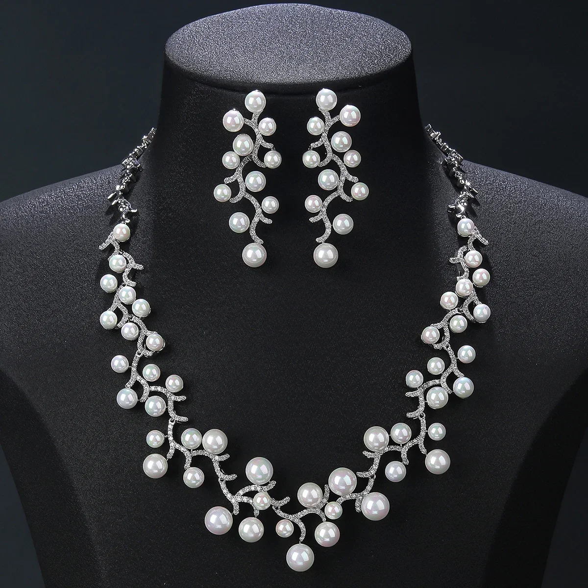 High Quality Cubic Zirconia Bridal Jewelry Sets for Women Pearl Necklace Earrings Wedding Accessories Bridesmaid Gift CN11360