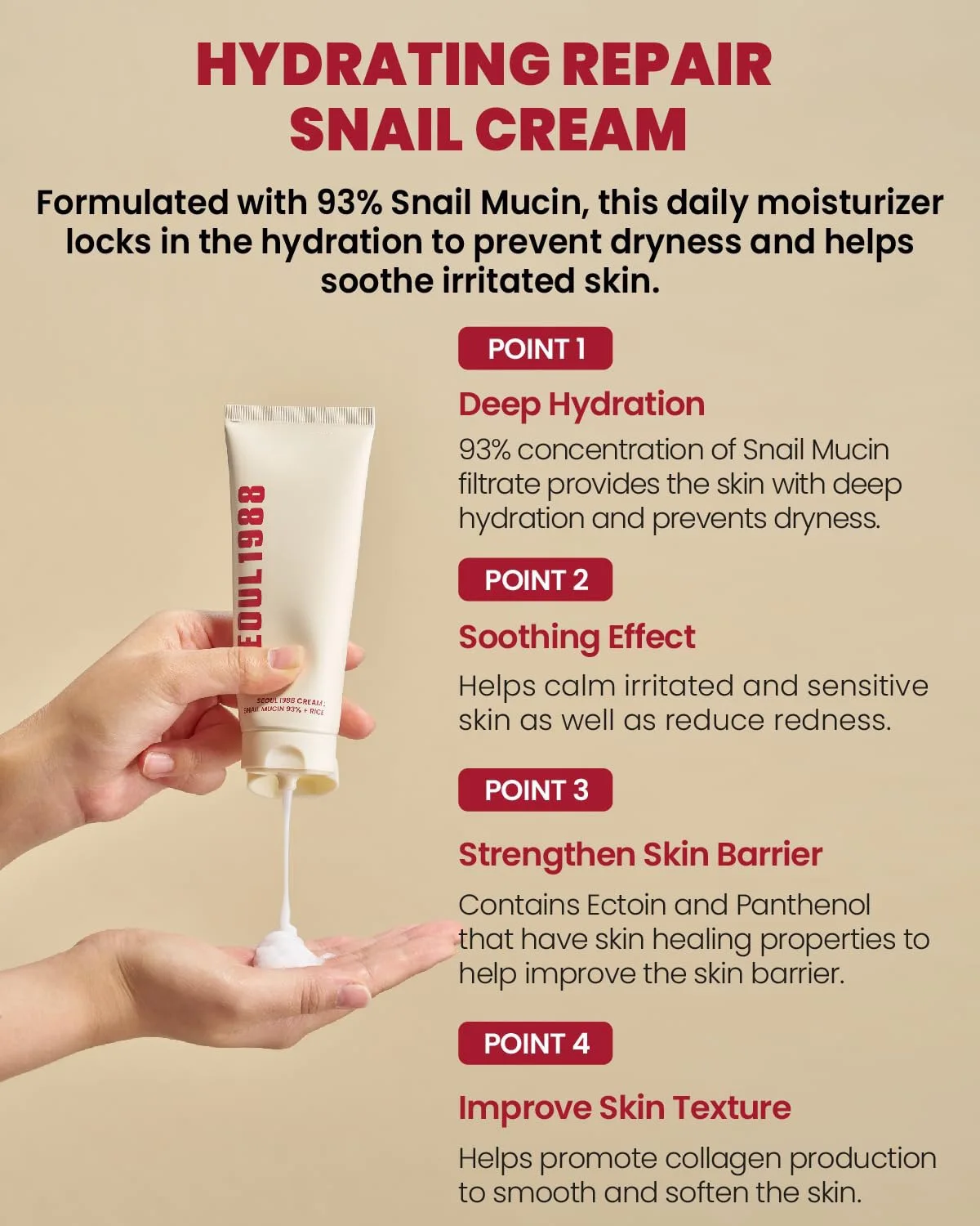 SEOUL 1988 クリーム : カタツムリムチン 93% + 米、100ml/3.38fl.oz。