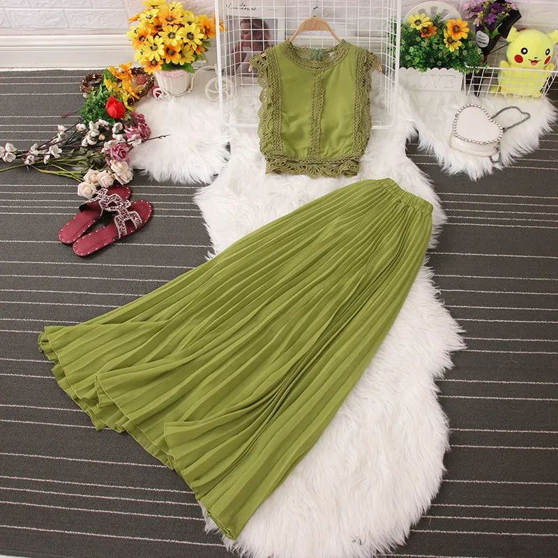 

Женский летний комплект: топ без рукавов с кружевом и длинная юбка из шифона с высокой талией, свободный повседневный комплект из двух предметов для отпуска