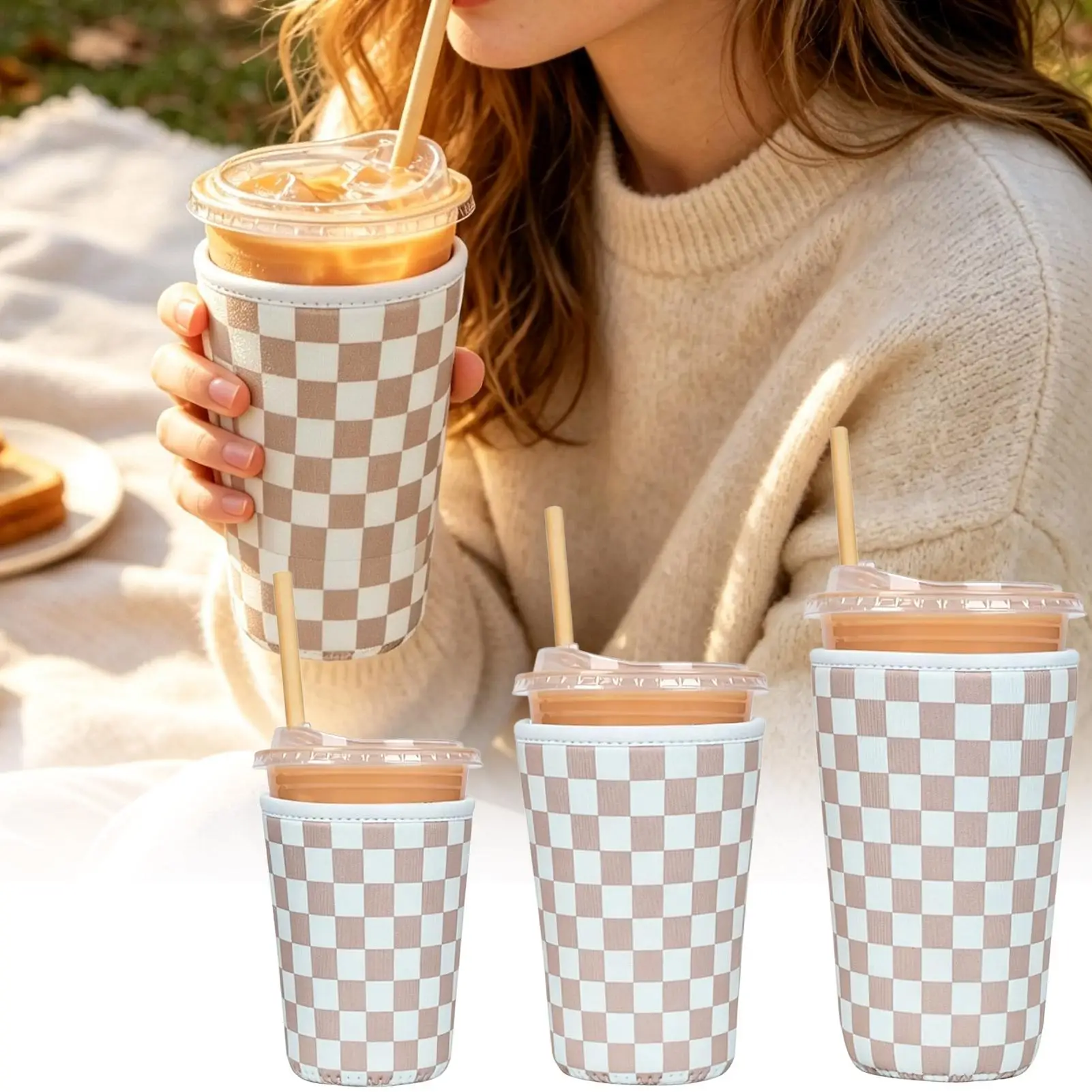 Reusable Iced Coffee Cup Sleeves 3 Pieces Thermal Anti-Slip Drinkware Cover Portable Wrap Sleeve Insulator For School Gym Office
