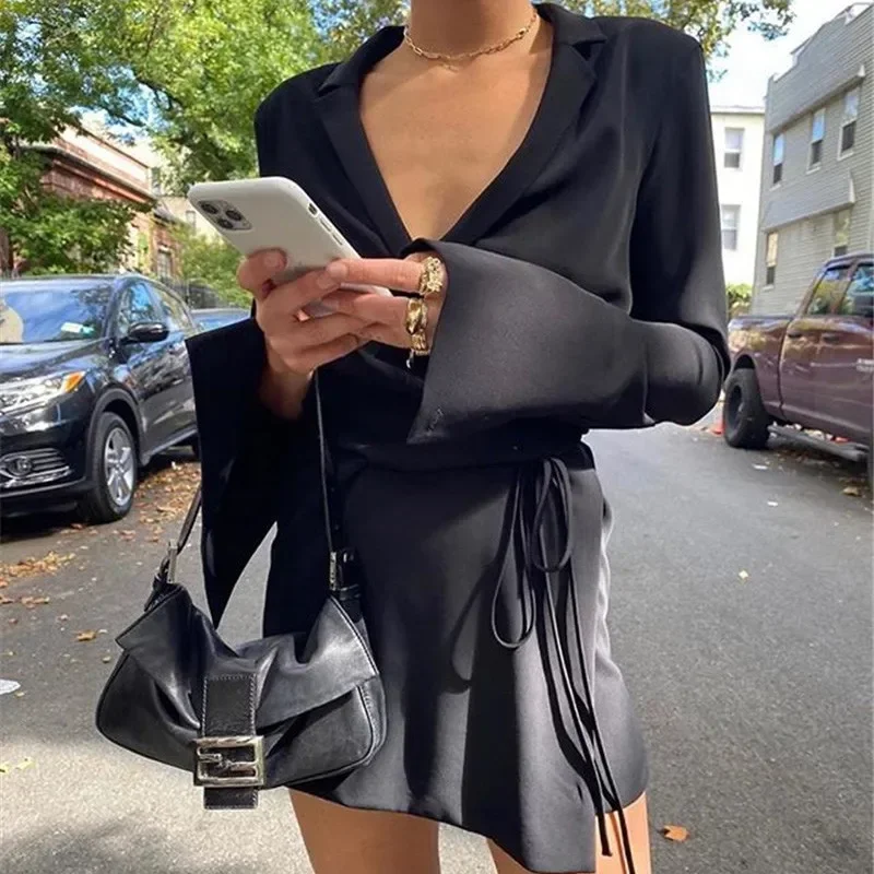 

Elegant Black White Sexy V Neck Mini Dress Women High Waist Long Sleeve Bandage Dresses Ladies Satin Robe Autumn Winter 2024 OL