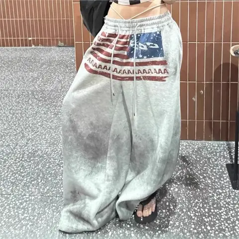 2026 Streetwear American Flag Graphic Joggers Women Men Gray Oversized Wide Leg Sweatpants Patriotic Print Y2K Style Pants
