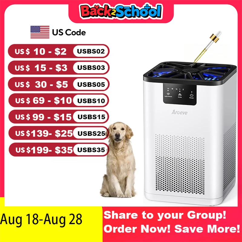 

Очистители воздуха AROEVE для спальни, очистка запаха с функцией ароматерапии для домашних животных, дыма, пыльцы, шерсти, запаха волос, 20 дБ, очиститель воздуха