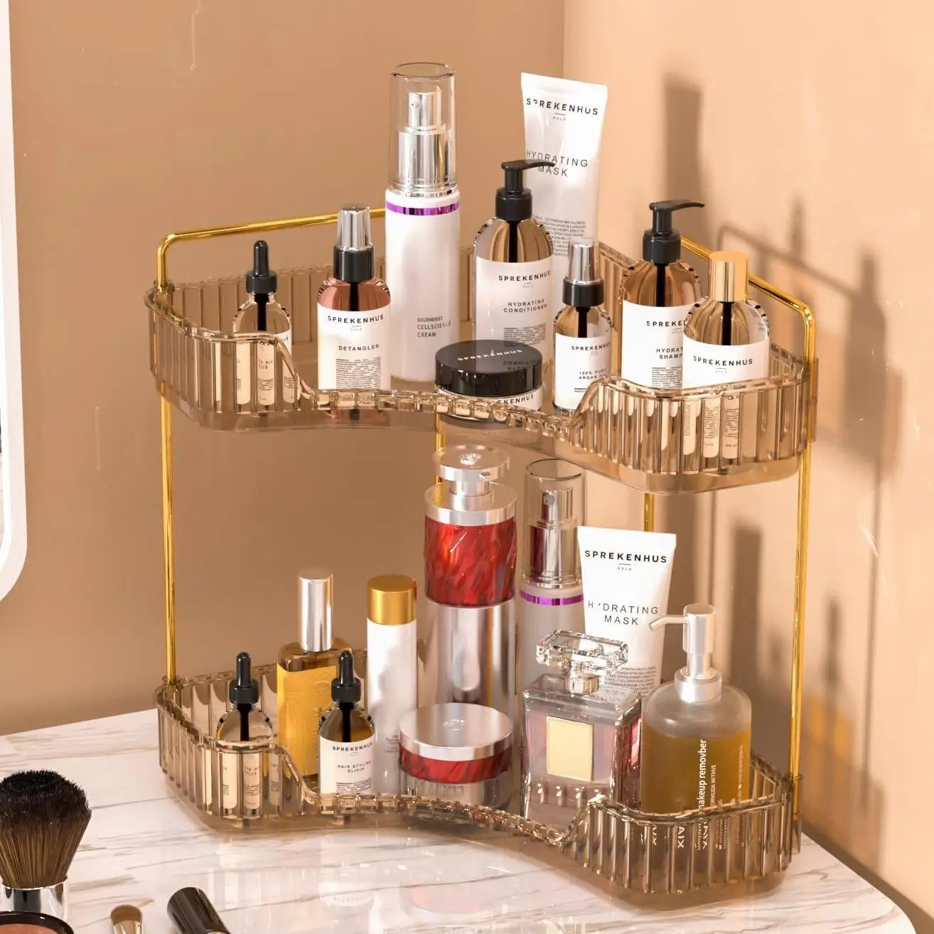 2 Tier Corner Bathroom Organizer Cosmetic Storage Rack Makeup Skincare Perfume Display Tray Space Saving Desktop Vanity Countertop Shelf Toiletries Holder Accessories Amber
