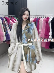 2024 New Whole Fur Fox Fur Collar Splicing European Mink Belt Coat V Neck Long Sleeve Winter Coat Women's Noble Faux Fur Coat